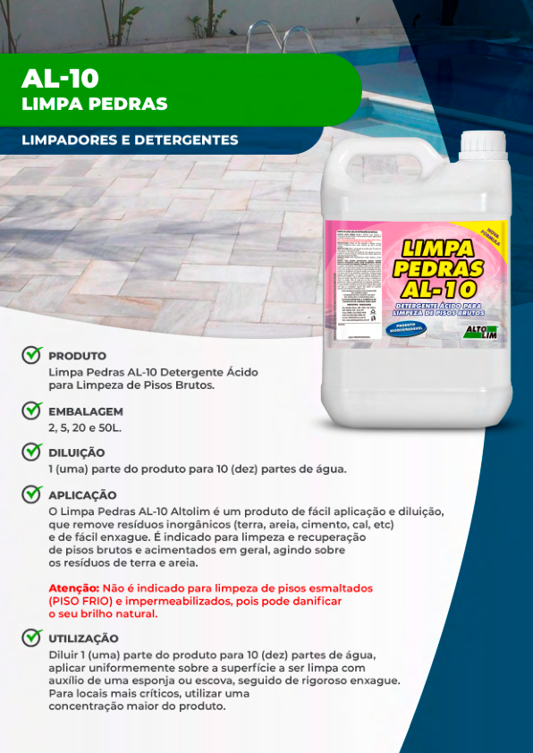 Limpa Pedras AL-10 Detergente Ácido para Limpeza de Pisos Brutos.